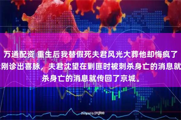 万通配资 重生后我替假死夫君风光大葬他却悔疯了 沈望柳碧 我刚诊出喜脉，夫君沈望在剿匪时被刺杀身亡的消息就传回了京城。