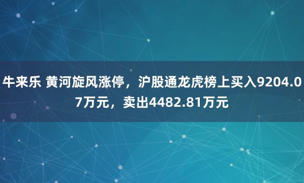 牛来乐 黄河旋风涨停，沪股通龙虎榜上买入9204.07万元，卖出4482.81万元